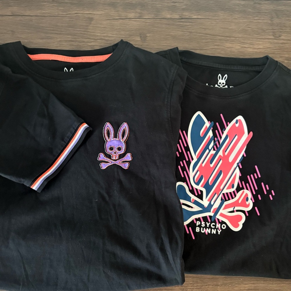 TWO Psycho Bunny Shirts Youth Sz M 10/12 Kids Short Sleeves Black Pink Purple‎